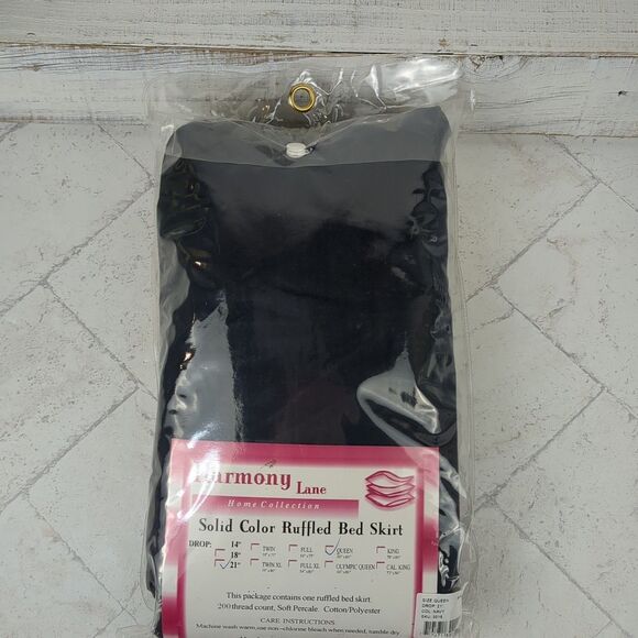 Queen Ruffled Bed Skirt Navy Blue 21" Drop Harmony Lane Home Collection - Picture 3 of 6